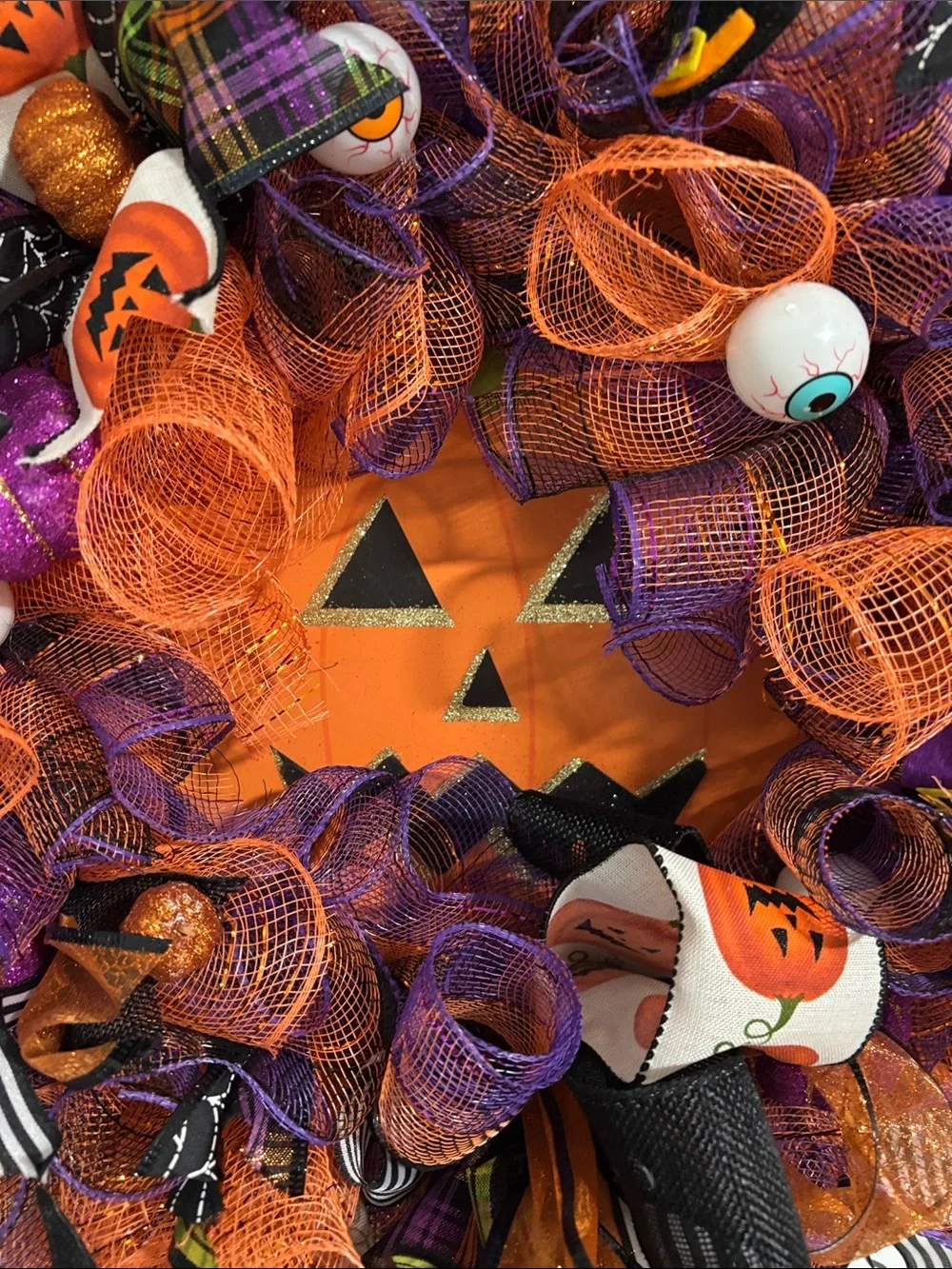 Hand Crafted Halloween Mesh Wreath in Orange, Purple & Black